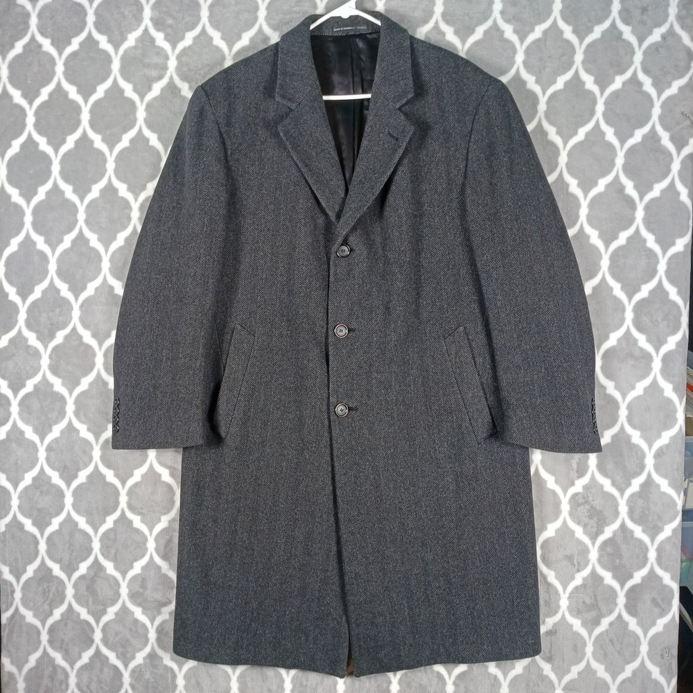 Macys Overcoat Men Size 40S Gray Wool Blend Herringbone Long Jacket